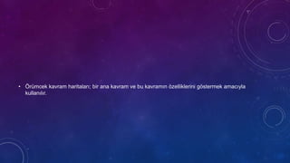 • Örümcek kavram haritaları; bir ana kavram ve bu kavramın özelliklerini göstermek amacıyla
kullanılır.
 
