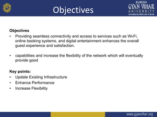 Objectives
Objectives
• Providing seamless connectivity and access to services such as Wi-Fi,
online booking systems, and digital entertainment enhances the overall
guest experience and satisfaction.
• capabilities and increase the flexibility of the network which will eventually
provide good
Key points:
• Update Existing Infrastructure
• Enhance Performance
• Increase Flexibility
 