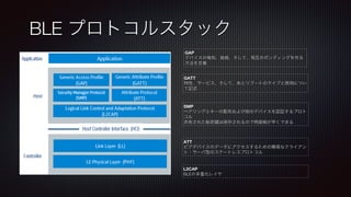 GAP!
デバイスの検知、接続、そして、相互のボンディングを作る
方法を定義
SMP
ペアリングとキーの配布および他のデバイスを認証するプロト
コル
共有された秘密 は保存されるので再接続が早くできる
L2CAP
BLEの多重化レイヤ
GATT
特性、サービス、そして、あとリブートのタイプと使用につい
て記述
ATT
ピアデバイスのデータにアクセスするための簡易なクライアン
ト・サーバ型のステートレスプロトコル
BLE プロトコルスタック
 