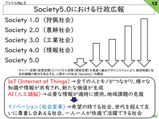 KAWAI Takayoshi
եNo.5
Society 1.0 dᣩ
Society 2.0 rᣩ
Society 3.0 Iᣩ
Society 4.0 ᣩ
Society 5.0
Society5.0ˤڈ
12
IoTInternet of ThingsȫƤˤȥΤĤʤꡢ
֪R󤬹Ф졢¤ʁ
AI˹^×Ҫmrṩn}ο˷
Υ٩`ϣγ֤Ƥᡢ򳬤ƻ
ؤϤᡢһһˤmǻSǤ
Щ`ggȥեgFgg߶ȤںϤƥˤꡢUgkչ
n}νQI롢gĤᣨSocietyw
 