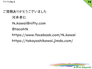KAWAI Takayoshi
եNo.5
꤬Ȥޤ
ӾТ
tk.kawai@nifty.com
tacohtk
https://www.facebook.com/tk.kawai
https://takayoshikawai.jimdo.com/
74
 