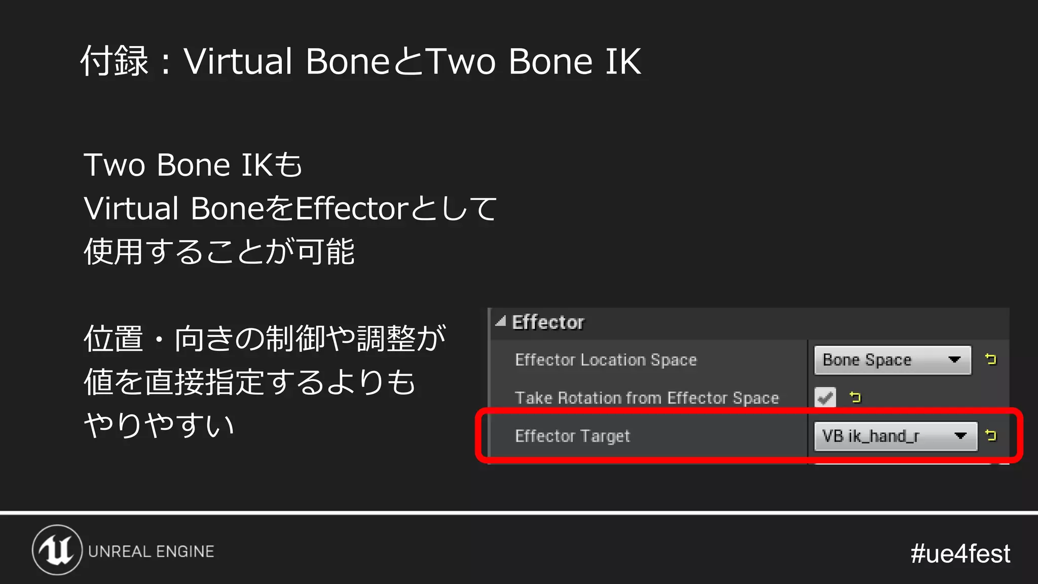 #ue4fest#ue4fest
Two Bone IKも
Virtual BoneをEffectorとして
使用することが可能
位置・向きの制御や調整が
値を直接指定するよりも
やりやすい
付録：Virtual BoneとTwo Bone IK
 