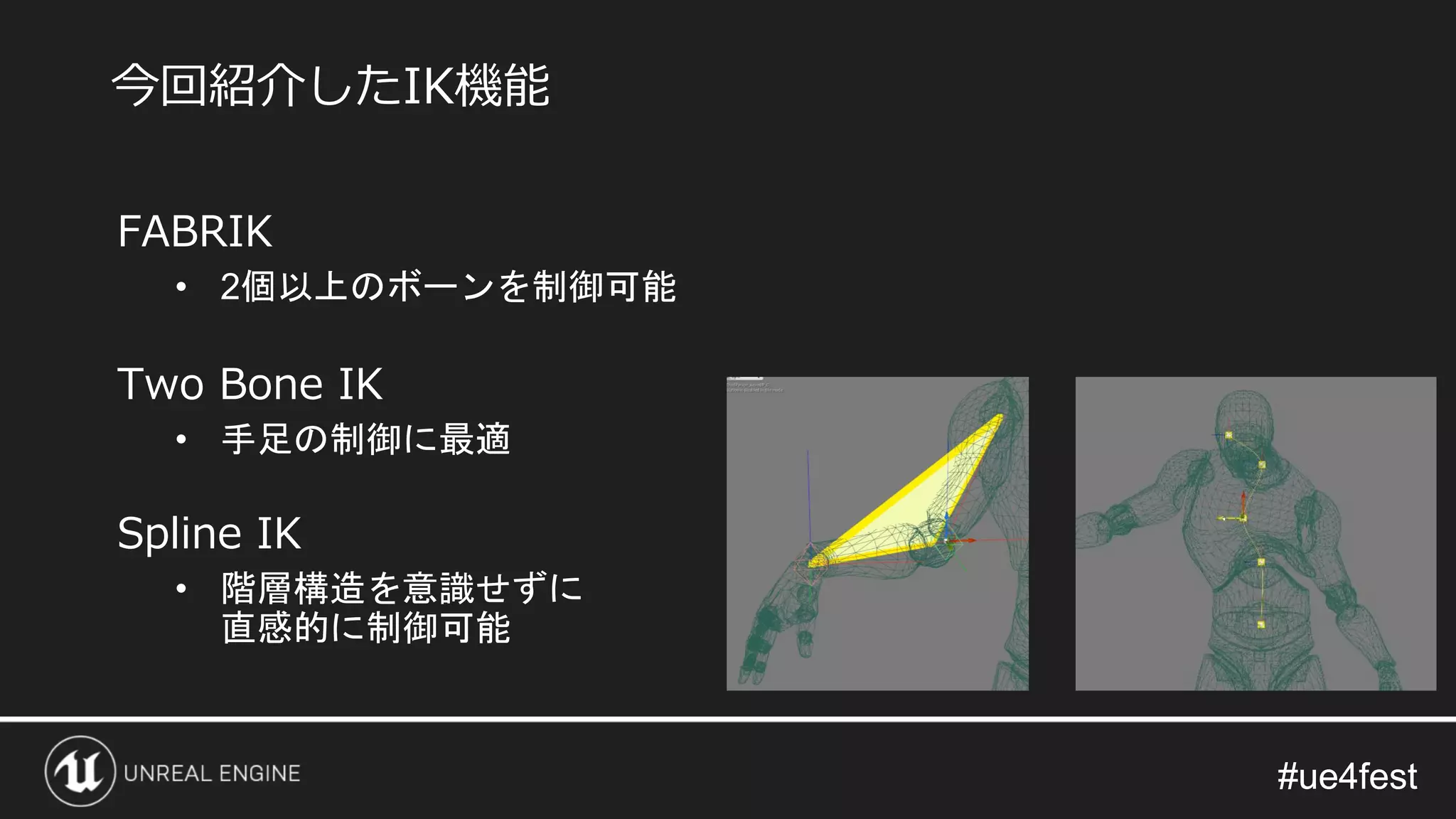#ue4fest#ue4fest
FABRIK
• 2個以上のボーンを制御可能
Two Bone IK
• 手足の制御に最適
Spline IK
• 階層構造を意識せずに
直感的に制御可能
今回紹介したIK機能
 