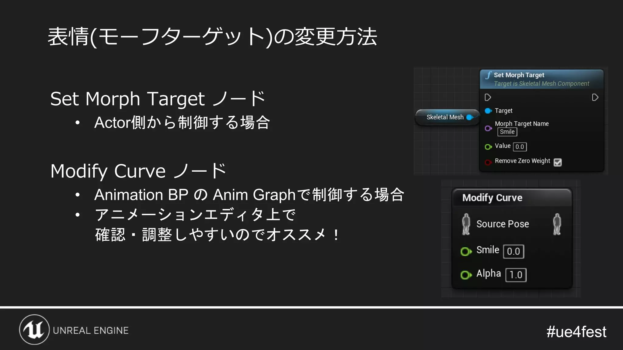 #ue4fest#ue4fest
Set Morph Target ノード
• Actor側から制御する場合
Modify Curve ノード
• Animation BP の Anim Graphで制御する場合
• アニメーションエディタ上で
確認・調整しやすいのでオススメ！
表情(モーフターゲット)の変更方法
 