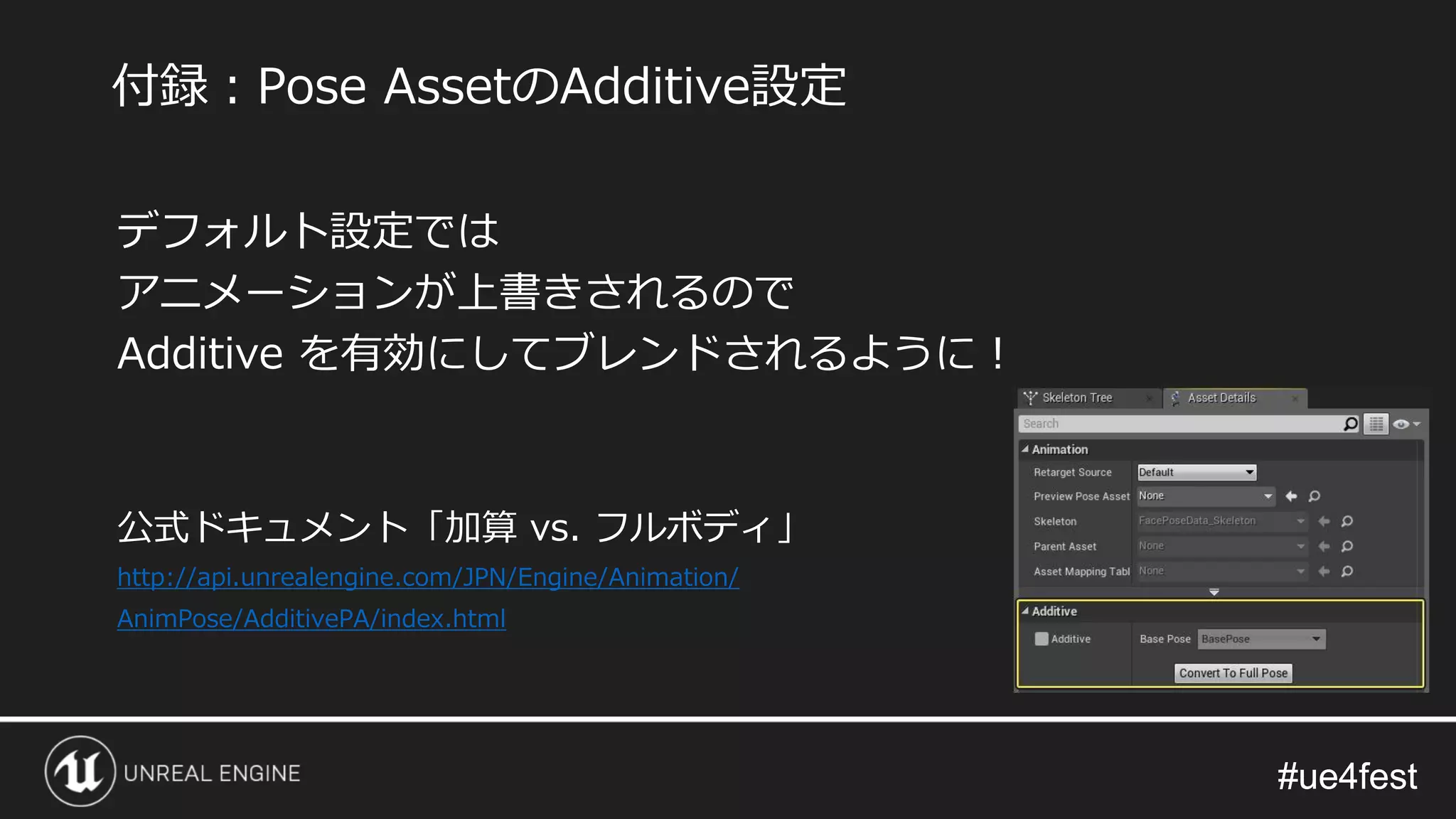 #ue4fest#ue4fest
デフォルト設定では
アニメーションが上書きされるので
Additive を有効にしてブレンドされるように！
公式ドキュメント「加算 vs. フルボディ」
http://api.unrealengine.com/JPN/Engine/Animation/
AnimPose/AdditivePA/index.html
付録：Pose AssetのAdditive設定
 