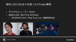 #ue4fest#ue4fest
• デジタルヒューマン Siren
• BEBYLON: BATTLE ROYALE
• SIGGRAPH 2018「Real Time Live!」最優秀賞作品
海外におけるUE４を使ったVTuber事例
 