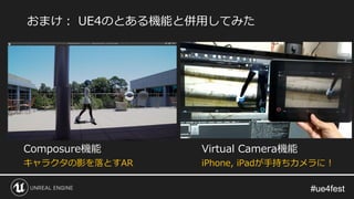 #ue4fest#ue4fest
Composure機能
キャラクタの影を落とすAR
おまけ： UE4のとある機能と併用してみた
Virtual Camera機能
iPhone, iPadが手持ちカメラに！
 