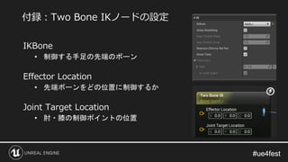 #ue4fest#ue4fest
IKBone
• 制御する手足の先端のボーン
Effector Location
• 先端ボーンをどの位置に制御するか
Joint Target Location
• 肘・膝の制御ポイントの位置
付録：Two Bone IKノードの設定
 