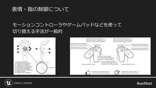 #ue4fest#ue4fest
モーションコントローラやゲームパッドなどを使って
切り替える手法が一般的
表情・指の制御について
 