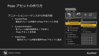 #ue4fest#ue4fest
アニメーションシーケンスから作成可能
• Current Pose：
現在のフレーム内容からPose アセットに作成
• Current Animation：
各フレーム毎の制御用カーブを持つ
Pose アセットを作成
• Insert Pose：
現在のフレーム内容を既存Pose アセットに追加
Pose アセットの作り方
 