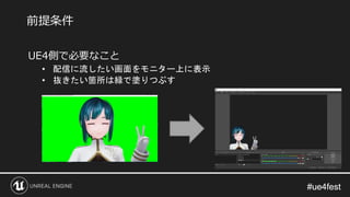 #ue4fest#ue4fest
UE4側で必要なこと
• 配信に流したい画面をモニター上に表示
• 抜きたい箇所は緑で塗りつぶす
前提条件
 