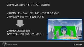 #ue4fest#ue4fest
VRHMD, モーションコントローラを使うために
VRPreviewで実行する必要がある
VRHMDに映る画面が
PCモニターに表示されてしまう…
VRPreview時のPCモニターの画面
 
