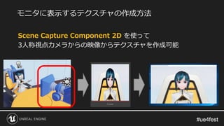 #ue4fest#ue4fest
Scene Capture Component 2D を使って
3人称視点カメラからの映像からテクスチャを作成可能
モニタに表示するテクスチャの作成方法
 