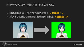 #ue4fest#ue4fest
• 緑色の板をキャラクタの後ろに置く <お手軽！>
• ポストプロセスで表示対象か否かを判定 <調整楽！>
キャラクタ以外を緑で塗りつぶす方法
 
