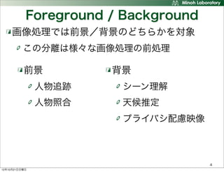 Foreground / Background
     画像処理では前景／背景のどちらかを対象
          この分離は様々な画像処理の前処理

          前景          背景
               人物追跡    シーン理解
               人物照合    天候推定
                       プライバシ配慮映像



                                     4
12年10月21日日曜日
 