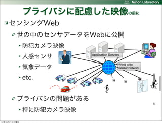 プライバシに配慮した映像の前に
     センシングWeb
          世の中のセンサデータをWebに公開
               防犯カメラ映像
                           Application Servers
               人感センサ
                                             World wide
               気象データ                         Sensor Network


               etc.


          プライバシの問題がある
                                                              5

               特に防犯カメラ映像
12年10月21日日曜日
 