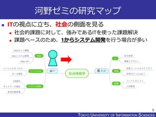 TOKYO JOHO UNIVERSITYTOKYO UNIVERSITY OF INFORMATION SCIENCES
河野ゼミの研究マップ
 ITの視点に立ち、社会の側面を見る
 社会的課題に対して、強みであるITを使った課題解決
 課題ベースのため、1からシステム開発を行う場合が多い
5
 