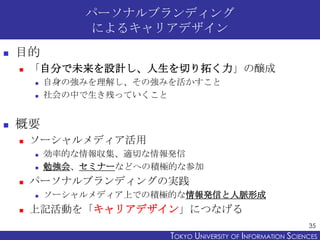 パーソナルブランディング
                によるキャリアデザイン
   目的
       「自分で未来を設計し、人生を切り拓く力」の醸成
           自身の強みを理解し、その強みを活かすこと
        ...
