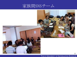 家族間SNSチーム




                                           51
     TOKYO UNIVERSITY OF ITOKYO JOHO USCIENCES
                          NFORMATION NIVERSITY
 