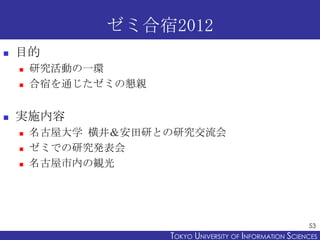 ゼミ合宿2012
   目的
       研究活動の一環
       合宿を通じたゼミの懇親


   実施内容
       名古屋大学 横井＆安田研との研究交流会
       ゼミでの研究発表会
       名古屋市内...