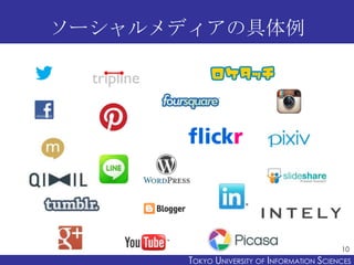 ソーシャルメディアの具体例

10

TOKYO UNIVERSITY OF ITOKYO JOHO USCIENCES
NFORMATION NIVERSITY

 