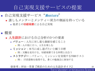 自己実現支援サービスの提案


自己実現支援サービス“Mentors”


誰しもメンターとメンティー双方の側面を持っている




他者との切磋琢磨による自己実現

概要


人生設計における自己分析の3つの要素


バリュー：人生に対し最も価値を感じること




ミッション：本当に成し遂げたいと願う目標




例：人の役に立つ、人生を楽しむ
例：天職を見付ける、切磋琢磨できる仲間と出会う

ストラテジー：バリュー、ミッションを実現するTODOリスト


例： IT系資格を取得する、多くの勉強会に参加する

20
※参考：坪田一男著『理系のための人生設計ガイド』
TOKYO UNIVERSITY OF ITOKYO JOHO USCIENCES
NFORMATION NIVERSITY

 