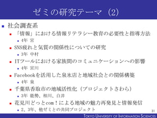 ゼミの研究テーマ（2）


社会調査系


「情報」における情報リテラシー教育の必要性と指導方法




SNS疲れと気質の関係性についての研究




4年 泉

千葉県香取市の地域活性化（プロジェクトさわら）




4年 宮川

Facebookを活用した泉氷店と地域社会との関係構築




3年 中村

ITツールにおける家族間のコミュニケーションへの影響




4年 宮

3年 能勢、相川、白井

花見川どっとcom！による地域の魅力再発見と情報発信


2、3年、他ゼミとの共同プロジェクト
31
TOKYO UNIVERSITY OF ITOKYO JOHO USCIENCES
NFORMATION NIVERSITY

 