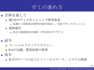 ゼミの進め方


全体を通して


週1回のディスカッションで研究発表




進捗報告




各自の進捗状況を報告（学年別のサブゼミ）

前半





毎週3～4名程度が研究内容を発表し、全員でディスカッション

ソーシャルメディアリテラシー
Webの知識、開発技術の修得

後半


各自のテーマに応じたフィールドワーク、システム開発
49

TOKYO UNIVERSITY OF ITOKYO JOHO USCIENCES
NFORMATION NIVERSITY

 