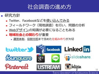TOKYO JOHO UNIVERSITYTOKYO UNIVERSITY OF INFORMATION SCIENCES
社会調査の進め方
12
 研究方針
 Twitter、Facebookなどを使い込んでみる
 フィールドワーク（現地調査）を行い、問題の分析
 Webデザインの知識が必要になることもある
 地域社会との関わりが重要
 運営体制、役割分担まで含めた仕組み作りが大切
 