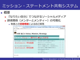 TOKYO JOHO UNIVERSITYTOKYO UNIVERSITY OF INFORMATION SCIENCES
ミッション・ステートメント共有システム
 概要
 『なりたい自分』でつながるソーシャルメディア
 師弟関係（メンターとメンティー）の可視化
 他者との切磋琢磨による自己実現
21
バリュー：穏やかに楽しく生きる
ミッション1：学生指導
ミッション2：研究成果
 