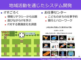 TOKYO JOHO UNIVERSITY
地域活動を通じたシステム開発
 ITすごろく
 情報リテラシーから出題
 遊びながらITを学ぶ
 IT対する意識変化を調査
18
 お仕事センター
 こどものまちの仕事予約
 銀行とハローワーク
 