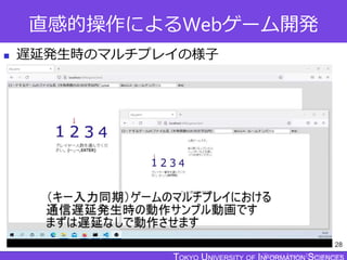 TOKYO JOHO UNIVERSITY
直感的操作によるWebゲーム開発
 遅延発生時のマルチプレイの様子
28
 