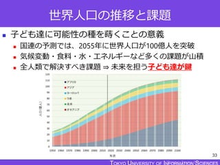 TOKYO JOHO UNIVERSITY
世界人口の推移と課題
 子ども達に可能性の種を蒔くことの意義
 国連の予測では、2055年に世界人口が100億人を突破
 気候変動・食料・水・エネルギーなど多くの課題が山積
 全人類で解決すべき課題 ⇒ 未来を担う子ども達が鍵
33
 