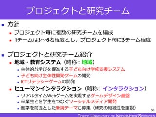 TOKYO JOHO UNIVERSITY
プロジェクトと研究チーム
 方針
 プロジェクト毎に複数の研究チームを編成
 1チームは3～6名程度とし、プロジェクト毎に3チーム程度
 プロジェクトと研究チーム紹介
 地域・教育システム（略称：地域）
 主体的な学びを促進する子ども向け学修支援システム
 子ども向け主体性開発ゲームの開発
 ICTリテラシーゲームの開発
 ヒューマンインタラクション（略称：インタラクション）
 リアルタイムWebゲームを実現するゲームデザイン基盤
 卒業生と在学生をつなぐソーシャルメディア開発
 進学を前提とした新規テーマも募集（研究の継続性を重視） 58
 