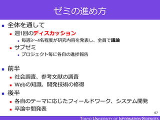 TOKYO JOHO UNIVERSITY
ゼミの進め方
 全体を通して
 週1回のディスカッション
 毎週3～4名程度が研究内容を発表し、全員で議論
 サブゼミ
 プロジェクト毎に各自の進捗報告
 前半
 社会調査、参考文献の調査
 Webの知識、開発技術の修得
 後半
 各自のテーマに応じたフィールドワーク、システム開発
 卒論中間発表
67
 