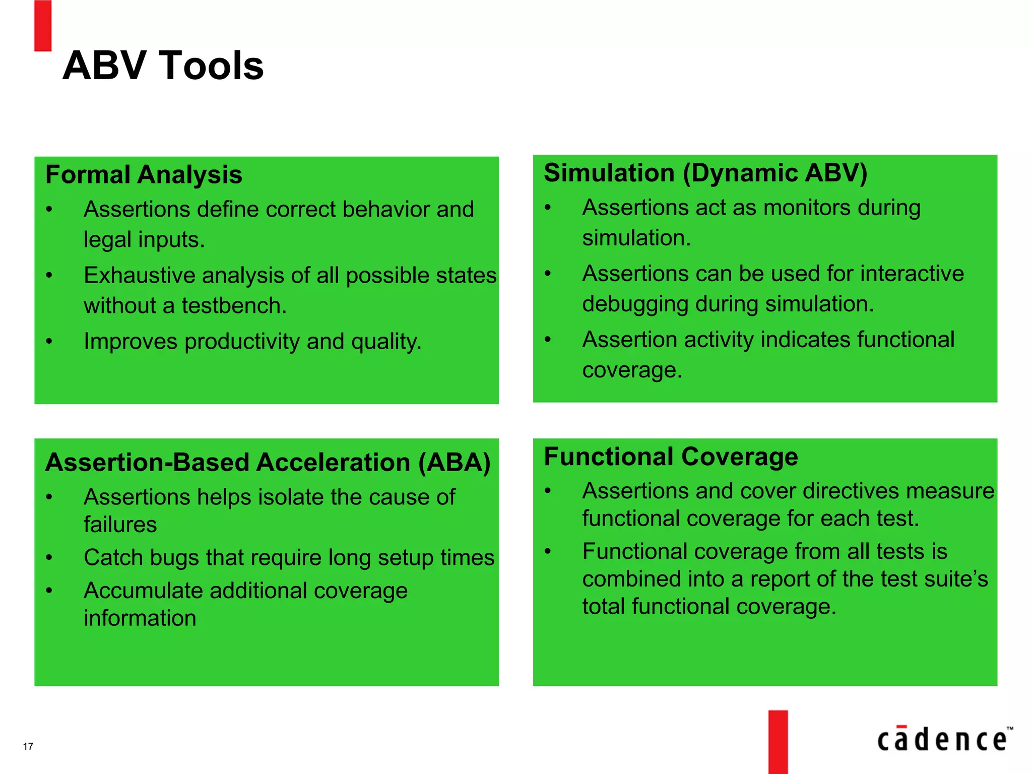 ABV Tools
17
Functional Coverage
• Assertions and cover directives measure
functional coverage for each test.
• Functional coverage from all tests is
combined into a report of the test suite’s
total functional coverage.
Simulation (Dynamic ABV)
• Assertions act as monitors during
simulation.
• Assertions can be used for interactive
debugging during simulation.
• Assertion activity indicates functional
coverage.
Assertion-Based Acceleration (ABA)
• Assertions helps isolate the cause of
failures
• Catch bugs that require long setup times
• Accumulate additional coverage
information
Formal Analysis
• Assertions define correct behavior and
legal inputs.
• Exhaustive analysis of all possible states
without a testbench.
• Improves productivity and quality.
 