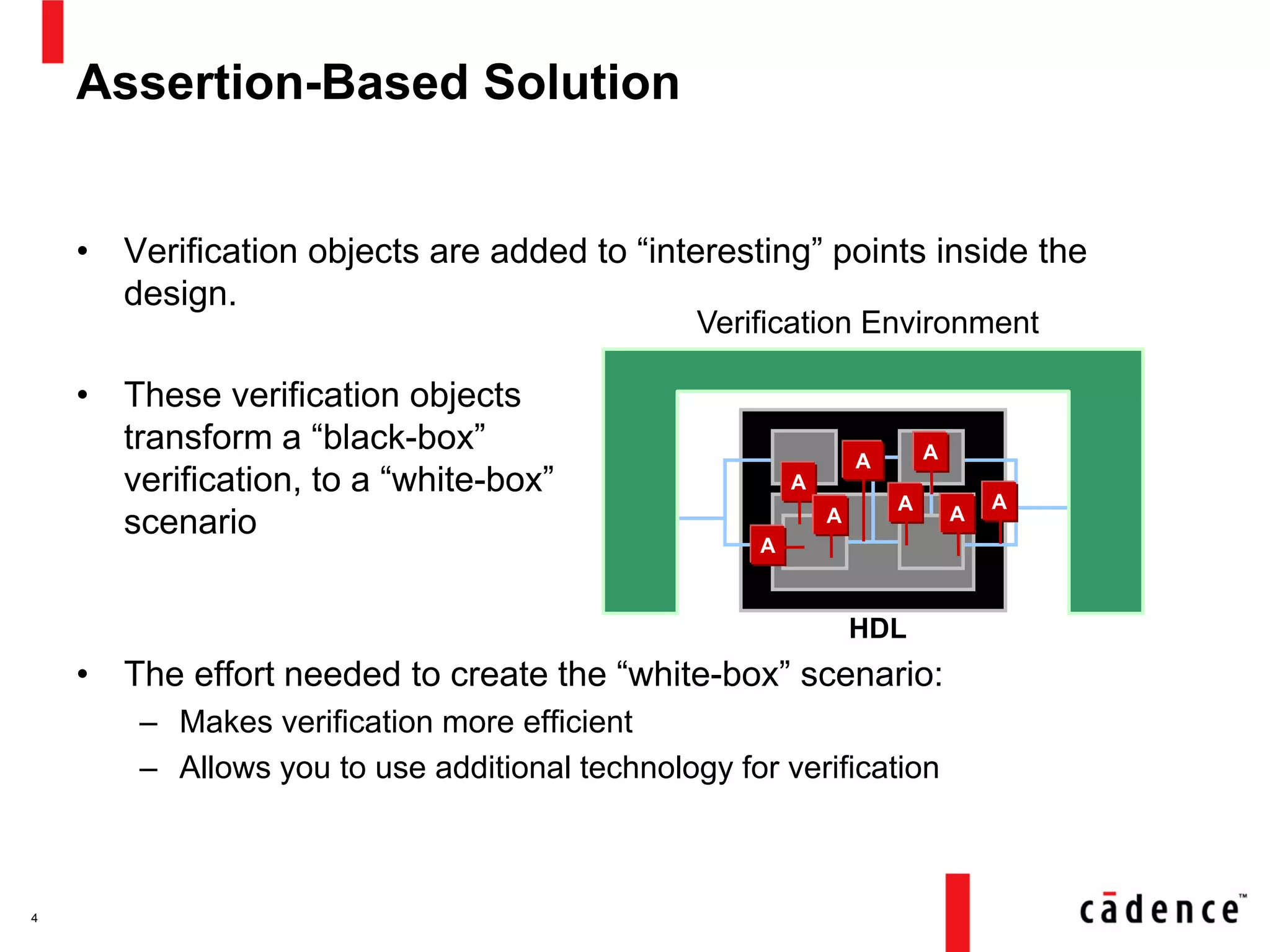 Assertion-Based Solution
• Verification objects are added to “interesting” points inside the
design.
• These verification objects
transform a “black-box”
verification, to a “white-box”
scenario
• The effort needed to create the “white-box” scenario:
– Makes verification more efficient
– Allows you to use additional technology for verification
4
Verification Environment
HDL
A
A
A
AA
A
A
A
 