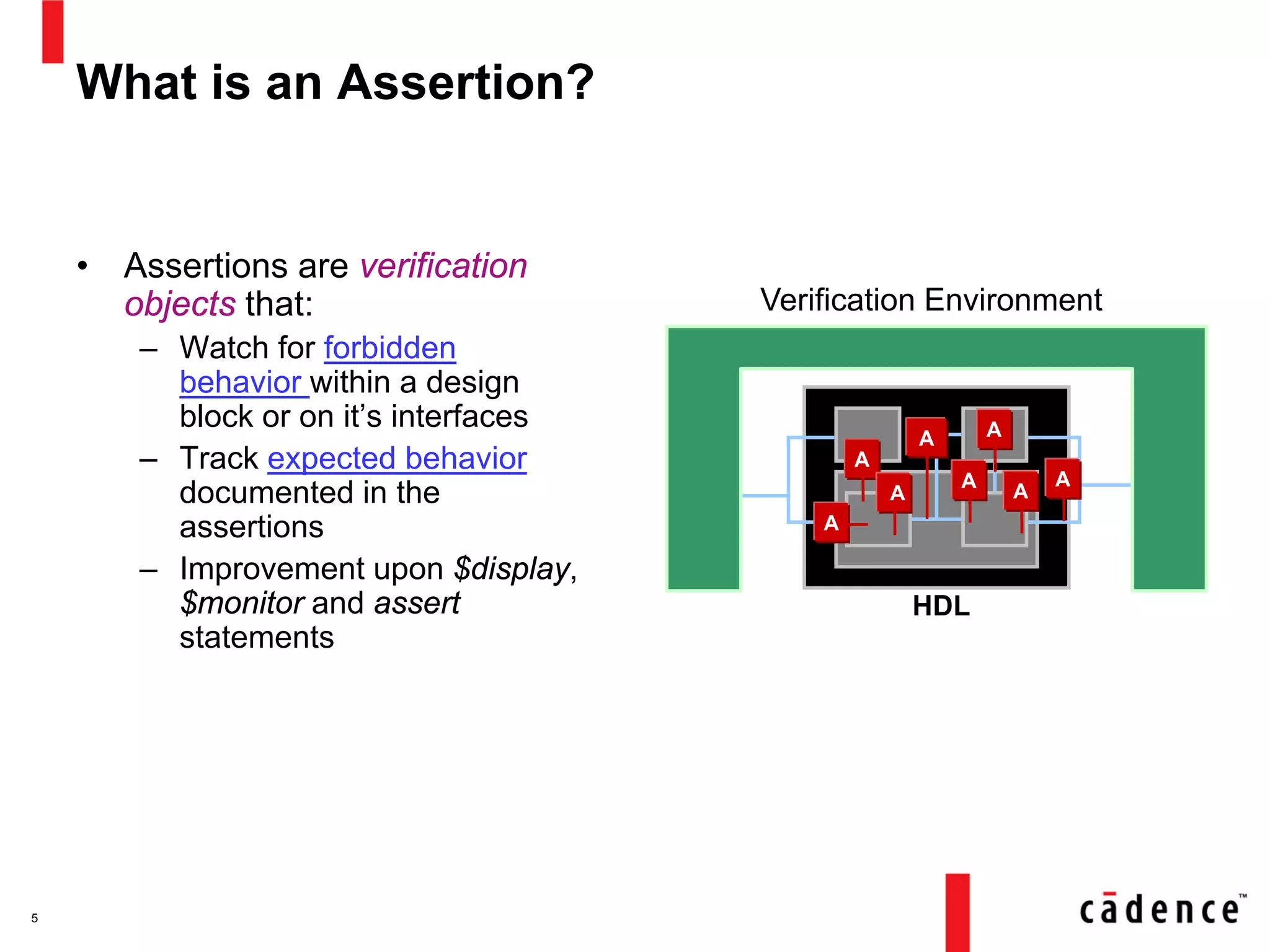 What is an Assertion?
• Assertions are verification
objects that:
– Watch for forbidden
behavior within a design
block or on it’s interfaces
– Track expected behavior
documented in the
assertions
– Improvement upon $display,
$monitor and assert
statements
5
Verification Environment
HDL
A
A
A
AA
A
A
A
 