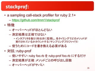 • a sampling call-stack profiler for ruby 2.1+
– https://github.com/tmm1/stackprof
• 特徴
– オーバーヘッドがほとんどない
– 測定結果は正確ではない
• イ...