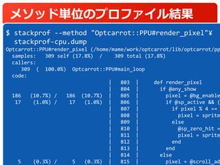 メソッド単位のプロファイル結果
37
$ stackprof --method "Optcarrot::PPU#render_pixel"¥
stackprof-cpu.dump
Optcarrot::PPU#render_pixel (/ho...