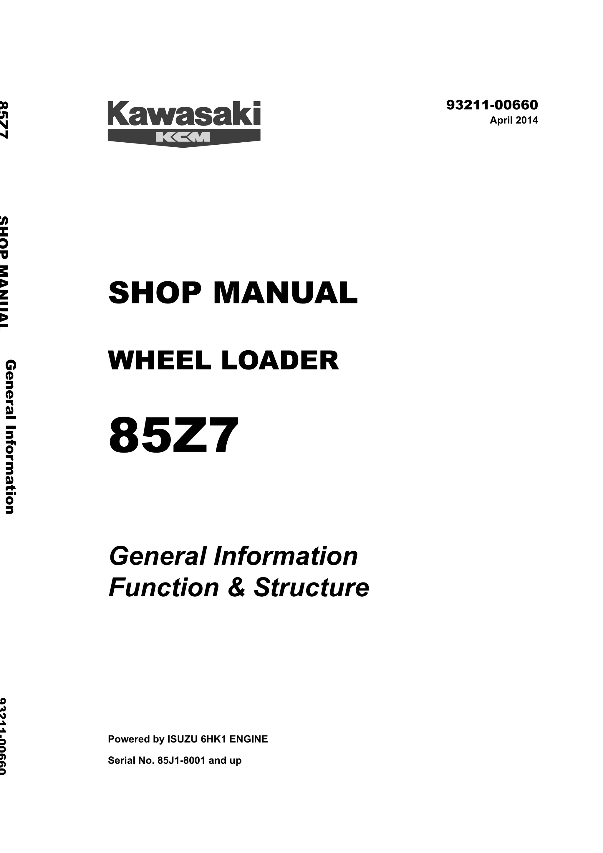 Kawasaki 85Z7 WHEEL LOADER Service Repair Manual (Serial No. 85J1
