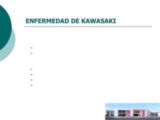 ENFERMEDAD DE KAWASAKI SEGUIMIENTO (JAPON) En 2004, 3326 adultos con Kawasaki entre 1982 – 92 10 fallecimientos – insuficiencia coronaria 2, IAM 3, muerte súbita 1, IC 1, Influenza 1, suicidio 2.  Tsuda  562 pacientes con lesión coronaria 15 (3%) aneurismas nuevos 2 a 19 años posteriores Ptes con aneurisma > 6 mm 50 % estenosis en 8 años No hay estudios longitudinales de niños tratados con IgIV 