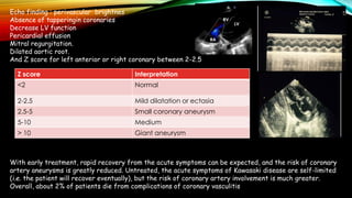 Echo finding : perivascular brightnes
Absence of tapperingin coronaries
Decrease LV function
Pericardial effusion
Mitral regurgitation.
Dilated aortic root.
And Z score for left anterior or right coronary between 2-2.5
With early treatment, rapid recovery from the acute symptoms can be expected, and the risk of coronary
artery aneurysms is greatly reduced. Untreated, the acute symptoms of Kawasaki disease are self-limited
(i.e. the patient will recover eventually), but the risk of coronary artery involvement is much greater.
Overall, about 2% of patients die from complications of coronary vasculitis
Z score Interpretation
<2 Normal
2-2.5 Mild dilatation or ectasia
2.5-5 Small coronary aneurysm
5-10 Medium
> 10 Giant aneurysm
RV
RA
LV
 