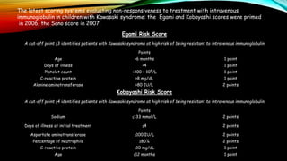 Egami Risk Score
A cut-off point ≥3 identifies patients with Kawasaki syndrome at high risk of being resistant to intravenous immunoglobulin
Points
Age <6 months 1 point
Days of illness <4 1 point
Platelet count <300 × 109
/L 1 point
C-reactive protein >8 mg/dL 1 point
Alanine aminotransferase >80 IU/L 2 points
Kobayashi Risk Score
A cut-off point ≥4 identifies patients with Kawasaki syndrome at high risk of being resistant to intravenous immunoglobulin
Points
Sodium ≤133 mmol/L 2 points
Days of illness at initial treatment ≤4 2 points
Aspartate aminotransferase ≥100 IU/L 2 points
Percentage of neutrophils ≥80% 2 points
C-reactive protein ≥10 mg/dL 1 point
Age ≤12 months 1 point
The latest scoring systems evaluating non-responsiveness to treatment with intravenous
immunoglobulin in children with Kawasaki syndrome: the Egami and Kobayashi scores were primed
in 2006, the Sano score in 2007.
 