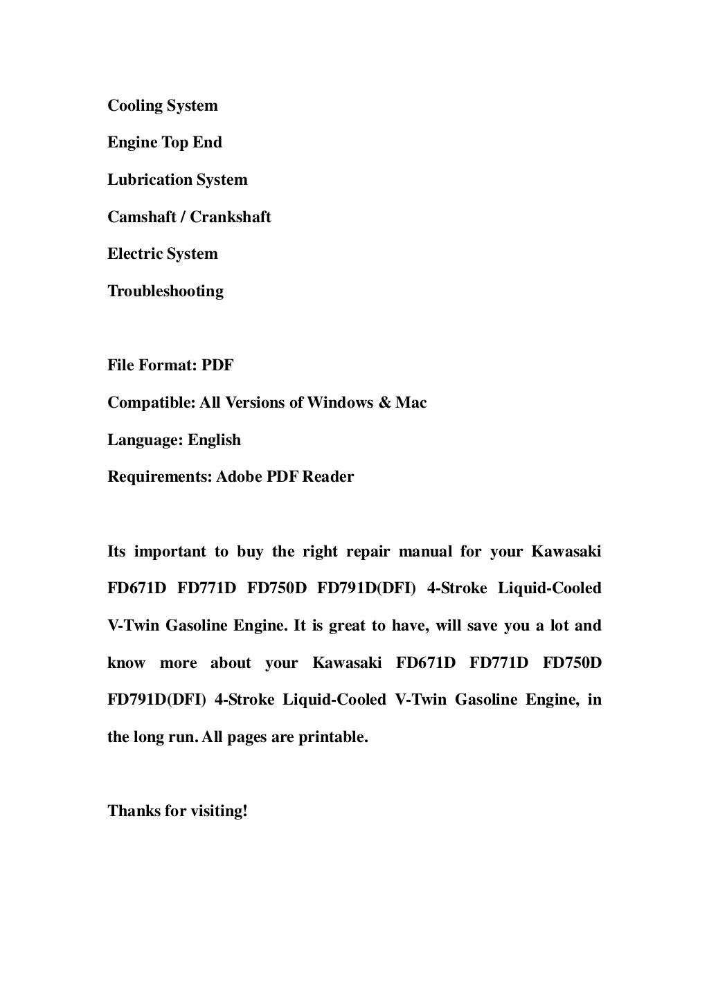 Kawasaki fd671 d fd771d fd750d fd791d(dfi) 4 stroke liquid-cooled v-t…