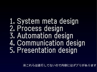 1.   System meta design
2.   Process design
3.   Automation design
4.   Communication design
5.   Presentation design
      ※これらは直行してないので内容にはダブりがあります
 