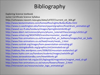 Bibliography Exploring Science textbook  Junior Certificate Science Syllabus http://sohowww.nascom.nasa.gov/data/LATEST/current_eit_304.gif http:// www.bestanimations.com/homeoffice/Lights/Bulbs/Bulbs.html http://www.cs.washington.edu/homes/cjayant/graphics/final/drum_animation.gif http://www2.scc-fl.edu/lvosbury/images/SpringStretchAnNS.gif http://www.ddart.net/science/physics/physics_tutorial/Class/energy/u5l1b1.gif http:// www.virted.org/WEATHER/transthermometer_standin.gif http://www.free-animations.co.uk/transport/hot_air_balloons/images/hot_air_balloon_8.gif http://www.free-animations.co.uk/food/meals/meals_1.html http://www.suntrek.org/images/hem-powerstation-animating.gif http://www.raisingdeafkids.org/graphics/art/animated-ear.gif http://cabluey.files.wordpress.com/2008/03/mountain-avalanche1.gif http:// www.hydro.com.au/handson/students/images/switchfin.gif http:// www.zerowattstandby.com/HowItWorks.gif http://www.teachnet-lab.org/ps101/bglasgold/magnetism/magnet_med_clr.gif http://www.free-animations.co.uk/nature/flowers/flower_2.html http:// microcosm.ws/resources/solar_logo_animated.gif 