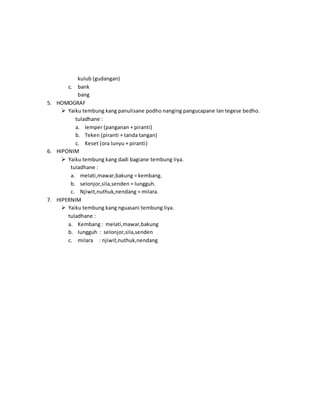 kuIub (gudangan)
c. bank
bang
5. HOMOGRAF
 Yaiku tembung kang panuIisane podho nanging pangucapane Ian tegese bedho.
tuIadhane :
a. Iemper (panganan + piranti)
b. Teken (piranti + tanda tangan)
c. Keset (ora Iunyu + piranti)
6. HIPONIM
 Yaiku tembung kang dadi bagiane tembung Iiya.
tuIadhane :
a. meIati,mawar,bakung = kembang.
b. seIonjor,siIa,senden = Iungguh.
c. Njiwit,nuthuk,nendang = miIara.
7. HIPERNIM
 Yaiku tembung kang nguasani tembung Iiya.
tuIadhane :
a. Kembang : meIati,mawar,bakung
b. Iungguh : seIonjor,siIa,senden
c. miIara : njiwit,nuthuk,nendang
 