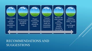 RECOMMENDATIONS AND
SUGGESTIONS
Government
must
subsidize
initial
installation
costs
Technologica
l progress
should be
done.
Proper
monitoring
system
should be
made.
Trained
personnel
should be
made for
immediate
expansion.
Besides the
solar energy,
other
renewable
energy
sources
should be
encouraged
Industry
related with
SHSs should
be
encouraged
as well.
 
