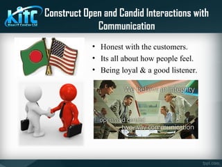 Construct Open and Candid Interactions with
Communication
• Honest with the customers.
• Its all about how people feel.
• Being loyal & a good listener.
 